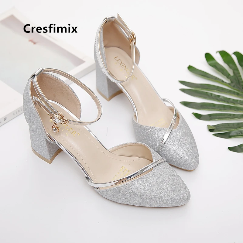 Cresfimix mariée sexy fête de mariage escarpins à talons carrés pour dames femmes mode doré chaussures à talons hauts argent talons hauts a5574 – Image 4