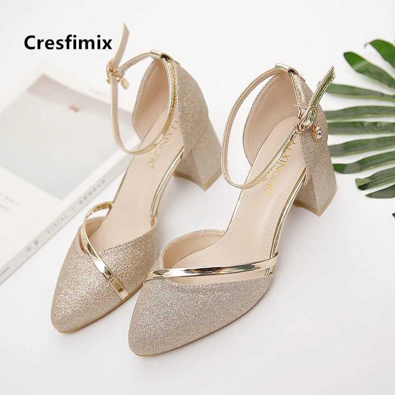 Cresfimix mariée sexy fête de mariage escarpins à talons carrés pour dames femmes mode doré chaussures à talons hauts argent talons hauts a5574 – Image 5