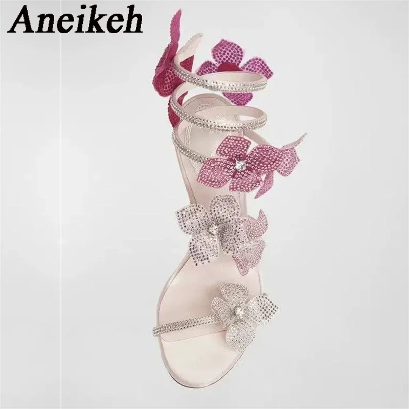 Aneikeh Sexy cristal fleur bande étroite bride à la cheville sandales femme mince talons hauts Style de rue pôle danse dames chaussures – Image 5