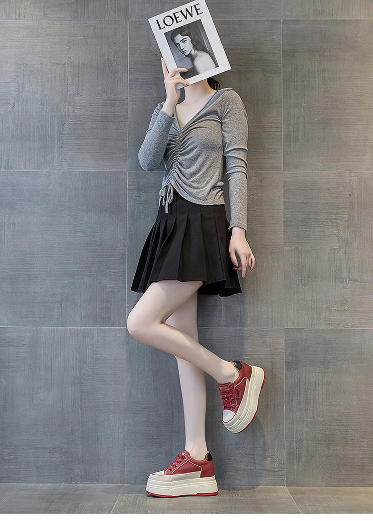 Fujin 9 cm vache daim en cuir véritable femmes chaussures vulcanisées plate-forme compensée Skate Boarding haute marque talons chaussures d'été décontractées – Image 51