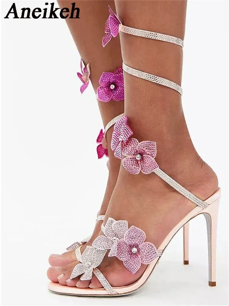 Aneikeh Sexy cristal fleur bande étroite bride à la cheville sandales femme mince talons hauts Style de rue pôle danse dames chaussures