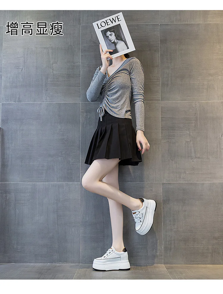 Fujin 9 cm vache daim en cuir véritable femmes chaussures vulcanisées plate-forme compensée Skate Boarding haute marque talons chaussures d'été décontractées – Image 39