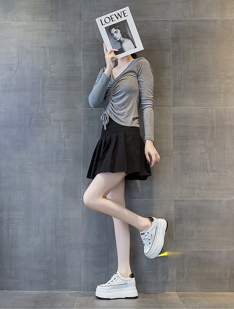 Fujin 9 cm vache daim en cuir véritable femmes chaussures vulcanisées plate-forme compensée Skate Boarding haute marque talons chaussures d'été décontractées – Image 53