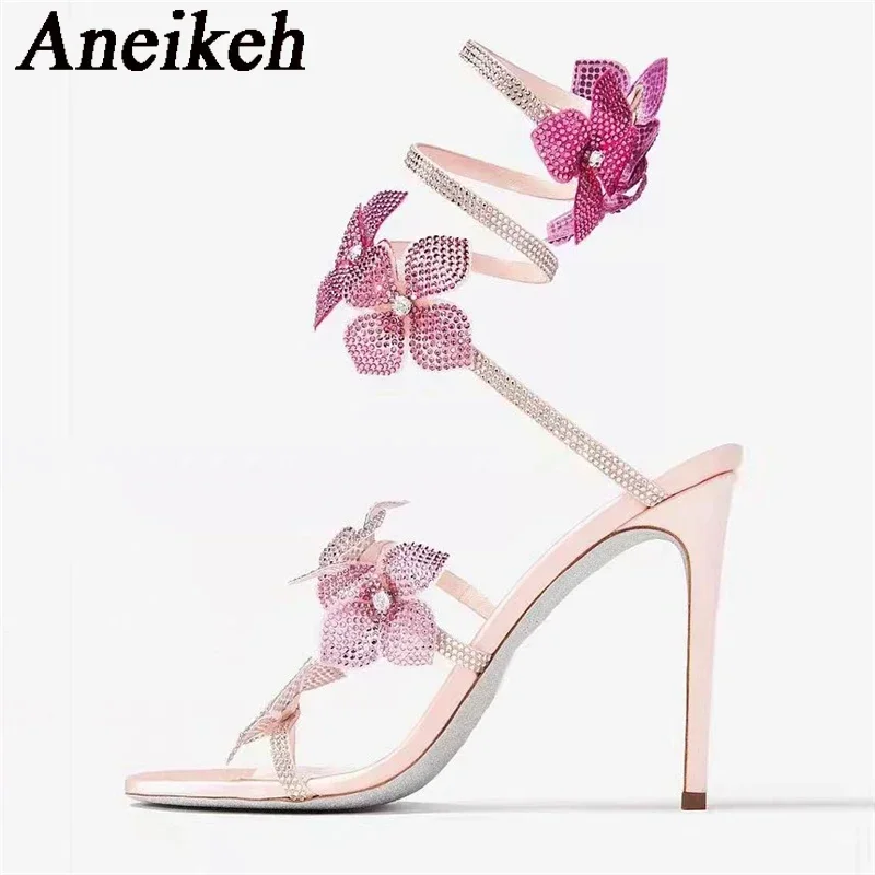 Aneikeh Sexy cristal fleur bande étroite bride à la cheville sandales femme mince talons hauts Style de rue pôle danse dames chaussures – Image 4