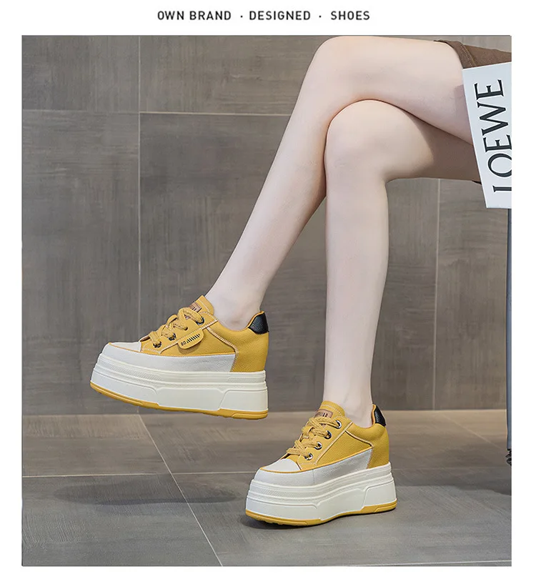 Fujin 9 cm vache daim en cuir véritable femmes chaussures vulcanisées plate-forme compensée Skate Boarding haute marque talons chaussures d'été décontractées – Image 35