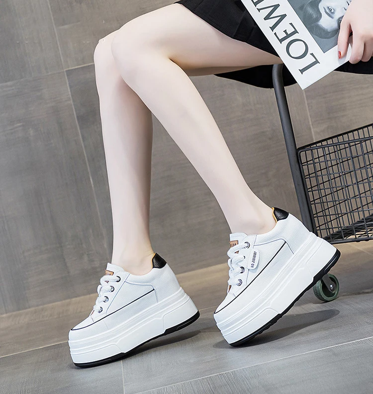 Fujin 9 cm vache daim en cuir véritable femmes chaussures vulcanisées plate-forme compensée Skate Boarding haute marque talons chaussures d'été décontractées – Image 54