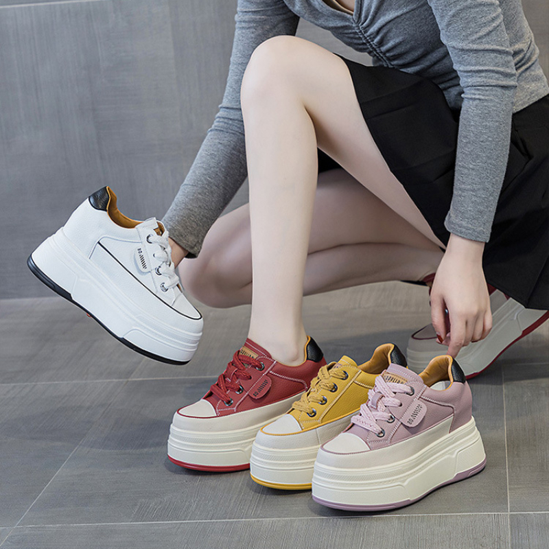 Fujin 9 cm vache daim en cuir véritable femmes chaussures vulcanisées plate-forme compensée Skate Boarding haute marque talons chaussures d'été décontractées – Image 20