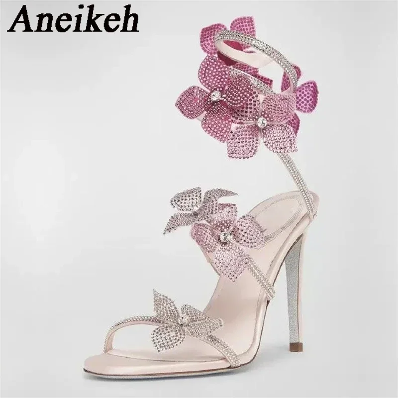 Aneikeh Sexy cristal fleur bande étroite bride à la cheville sandales femme mince talons hauts Style de rue pôle danse dames chaussures – Image 3