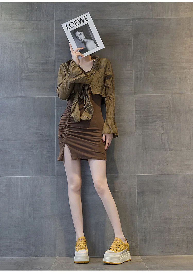 Fujin 9 cm vache daim en cuir véritable femmes chaussures vulcanisées plate-forme compensée Skate Boarding haute marque talons chaussures d'été décontractées – Image 37