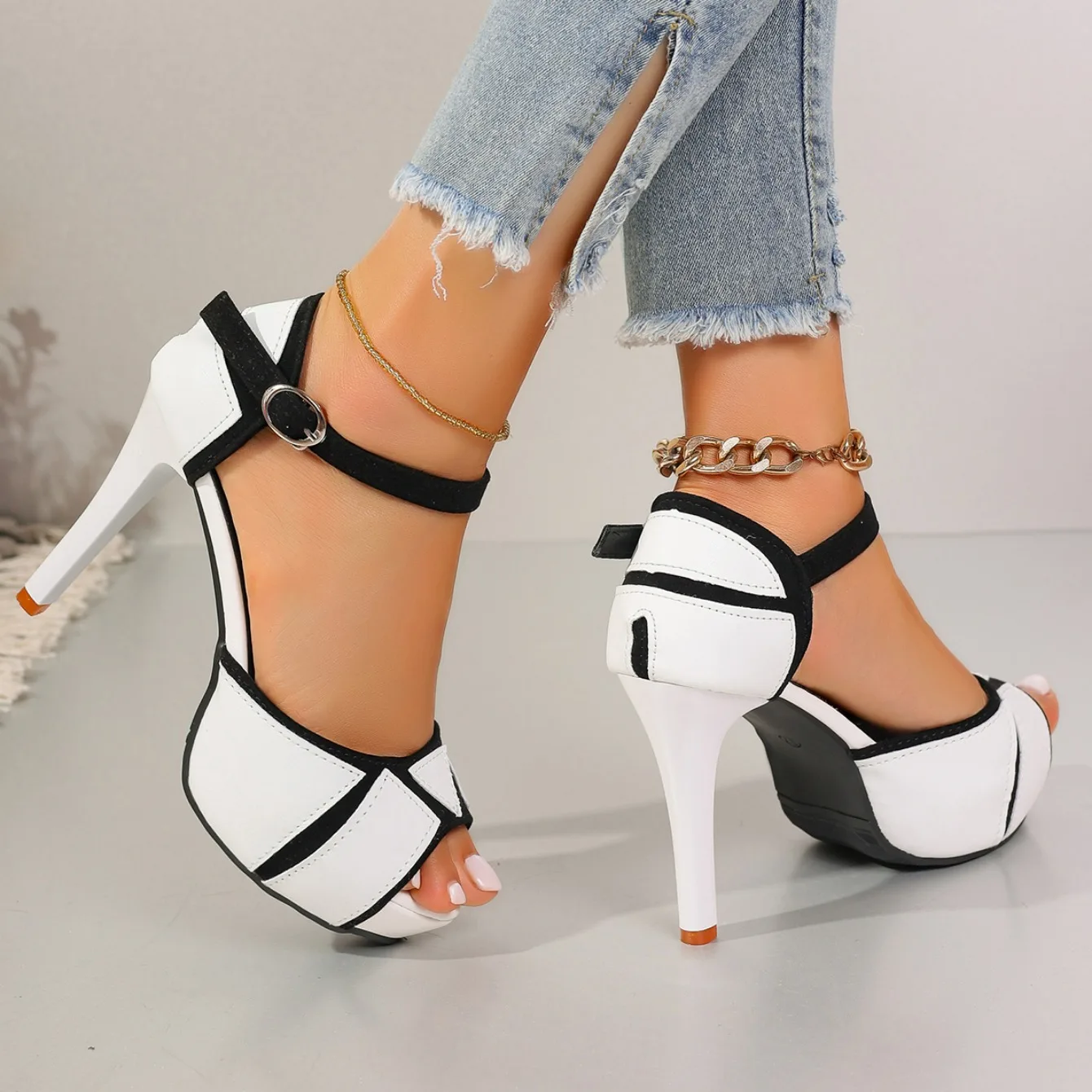 Sandales pour femmes Colorblock Peep Toe plate-forme pompes été combat couleur chaussures poisson bouche talons hauts Sexy talons fins chaussures habillées – Image 12