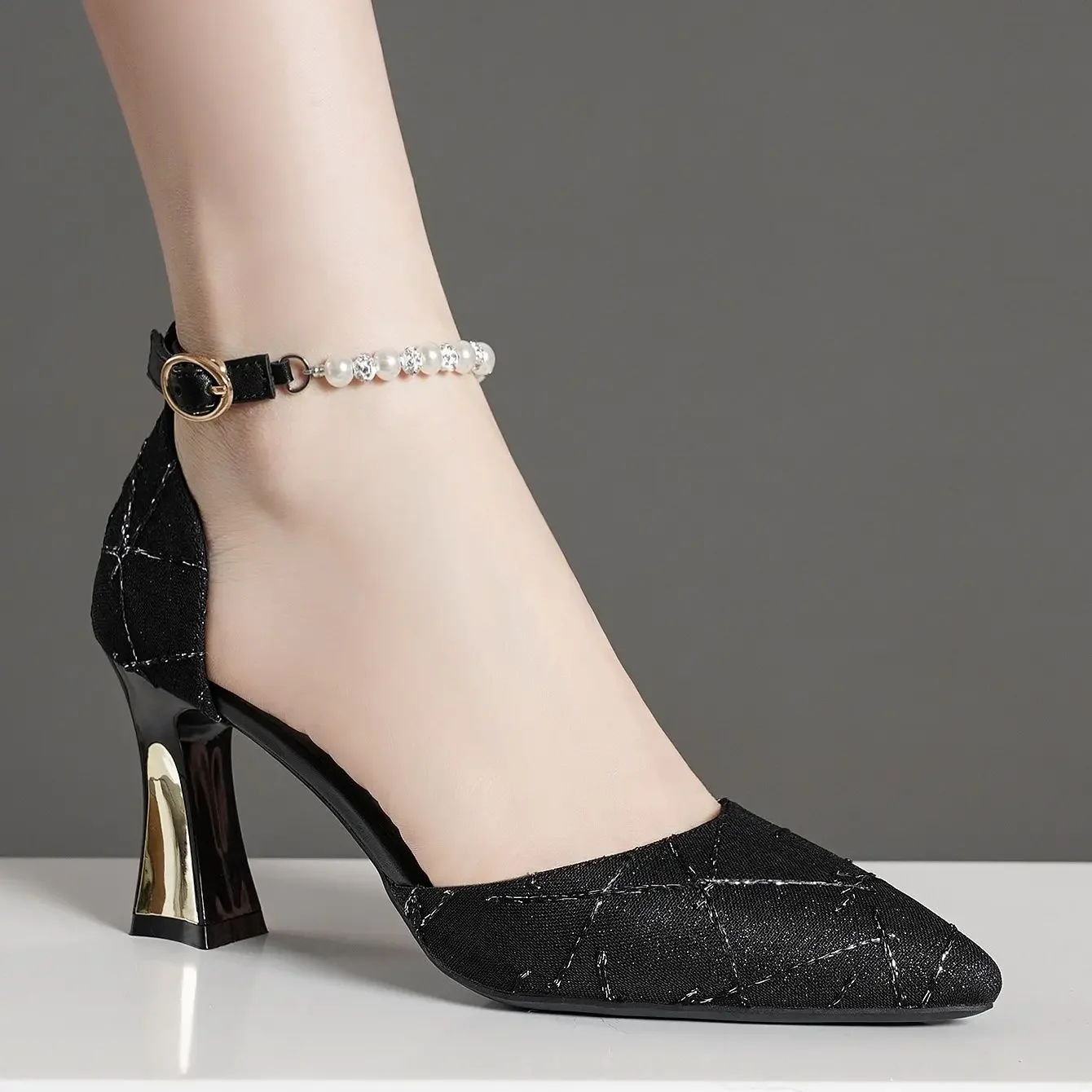 Escarpins à perles à pointe pointue pour femmes, sandales à talons hauts, chaussures de luxe pour femmes, tendance Mary Jane, 2024 – Image 6