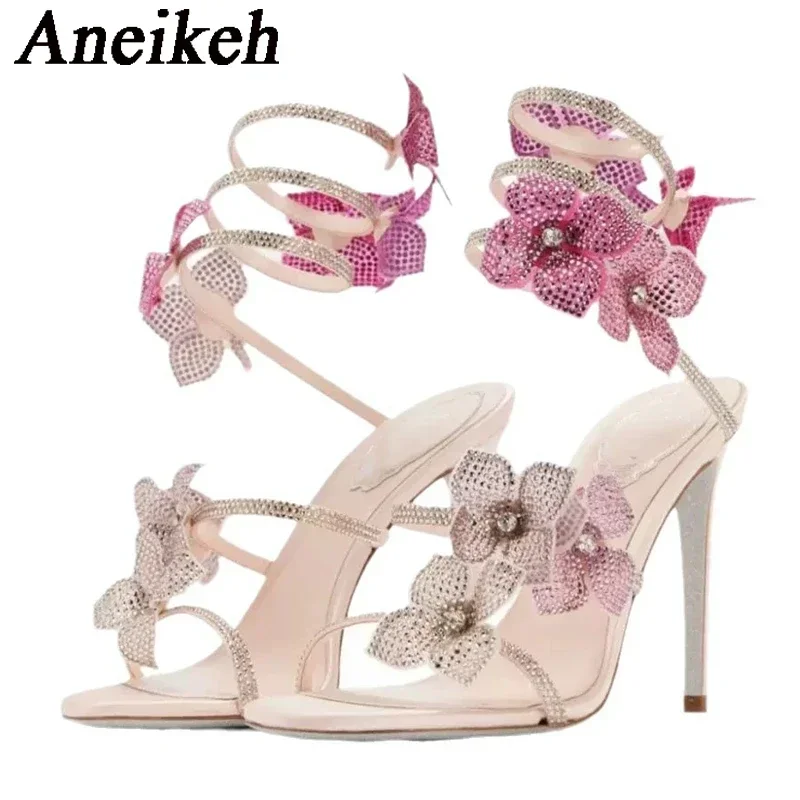 Aneikeh Sexy cristal fleur bande étroite bride à la cheville sandales femme mince talons hauts Style de rue pôle danse dames chaussures – Image 6
