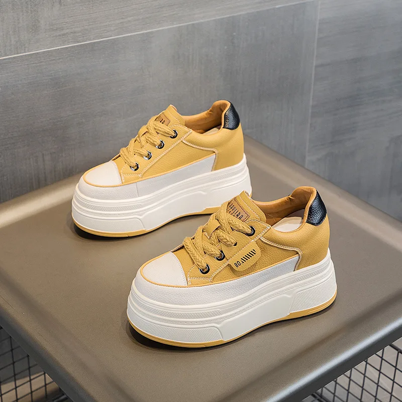 Fujin 9 cm vache daim en cuir véritable femmes chaussures vulcanisées plate-forme compensée Skate Boarding haute marque talons chaussures d'été décontractées – Image 25