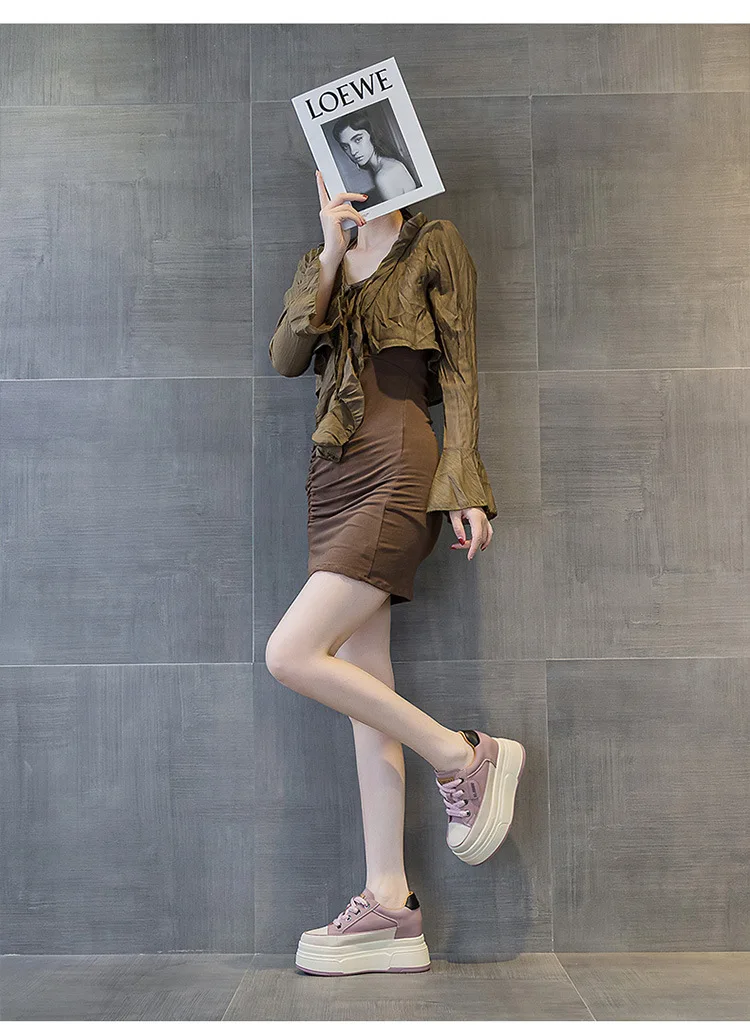 Fujin 9 cm vache daim en cuir véritable femmes chaussures vulcanisées plate-forme compensée Skate Boarding haute marque talons chaussures d'été décontractées – Image 31