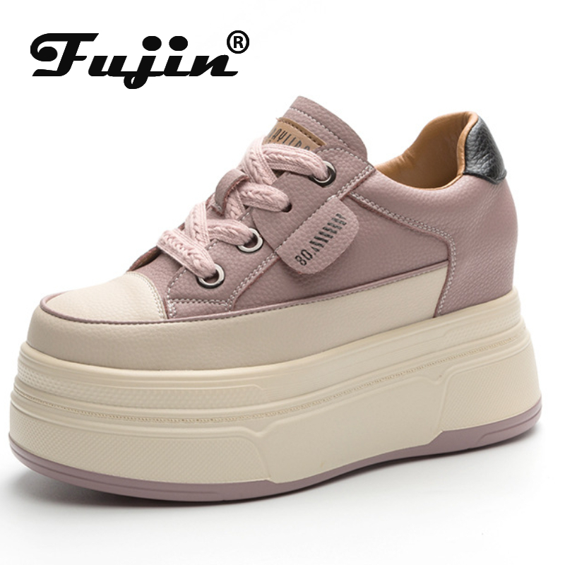Fujin 9 cm vache daim en cuir véritable femmes chaussures vulcanisées plate-forme compensée Skate Boarding haute marque talons chaussures d'été décontractées – Image 17